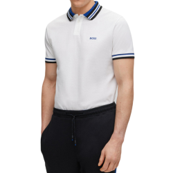 Men's Polo T-shirt BOSS Cotton-Piqu_ Polo Shirt With Ribbed Striped Trims - white