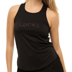 Women's top Lucky in Love Laser Novelty Technology Feeling Lucky Racerback Tank - black
