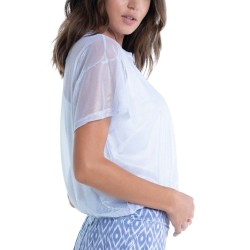 Women's T-shirt Lucky in Love All About Ikat Pearlized Mesh Short Sleeve Top - metallic silver