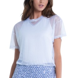 Women's T-shirt Lucky in Love All About Ikat Pearlized Mesh Short Sleeve Top - metallic silver