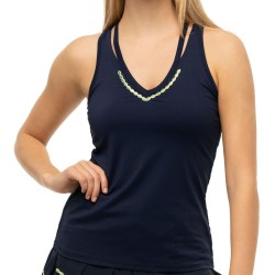 Women's top Lucky in Love Laser Embroidered Performance Apparel Lurex V-neck Cutout Tank - midnight