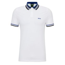 Men's Polo T-shirt BOSS Cotton-Piqu_ Polo Shirt With Ribbed Striped Trims - white