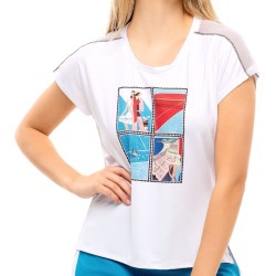 Women's top Lucky in Love Post a Plaid Stamp it S/S - white